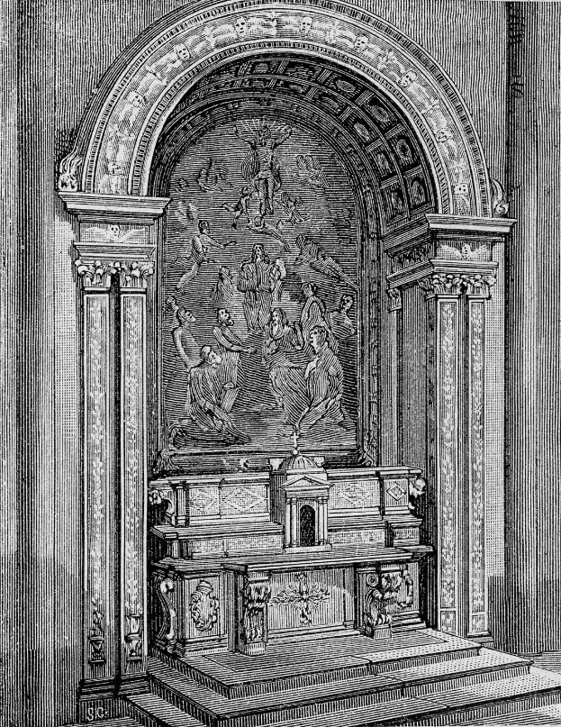 Eine Schwarz-Weiß-Radierung eines Kircheninneren mit einer Skulptur an der Wand, Säulen und Stufen, die hinaufführen, mit der Inschrift "Taufe Christi" unten.