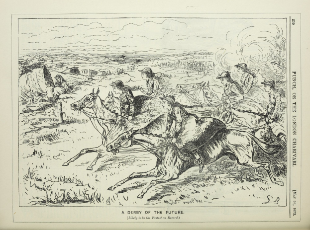 Eine Gruppe von Menschen, die auf Pferden reiten, vor einem bewölkten Himmel und Text am unteren Bildrand.