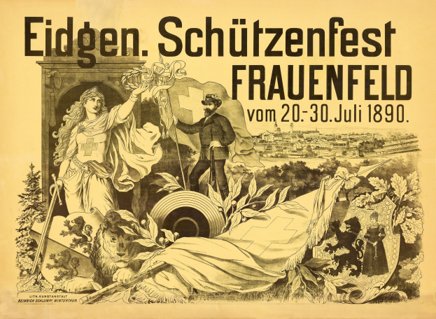 Altes Plakat für das Eidgen Schützenfest in Frauenfeld, Deutschland, das einen Mann in einem Anzug und eine Frau in einem Kleid zeigt, die nebeneinander stehen, sowie Ereignisinformationen im Text.