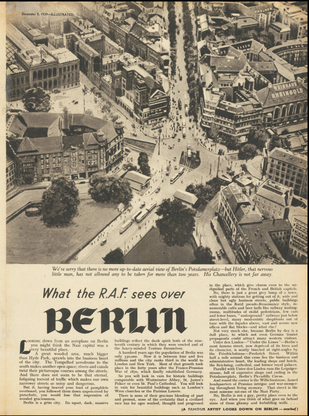 Schwarzes und weißes Zeitungsausschnitt mit einer Stadtansicht mit Gebäuden, Bäumen und Fahrzeugen, begleitet von Text.