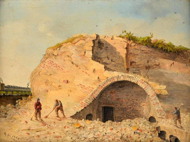 Gemälde mit dem Titel "Bau eines Tunnels" aus dem Jahr 1880, das Männer bei der Arbeit an einer Baustelle mit einem Hügel, einer Brücke auf der linken Seite und einem Himmel im Hintergrund zeigt.
