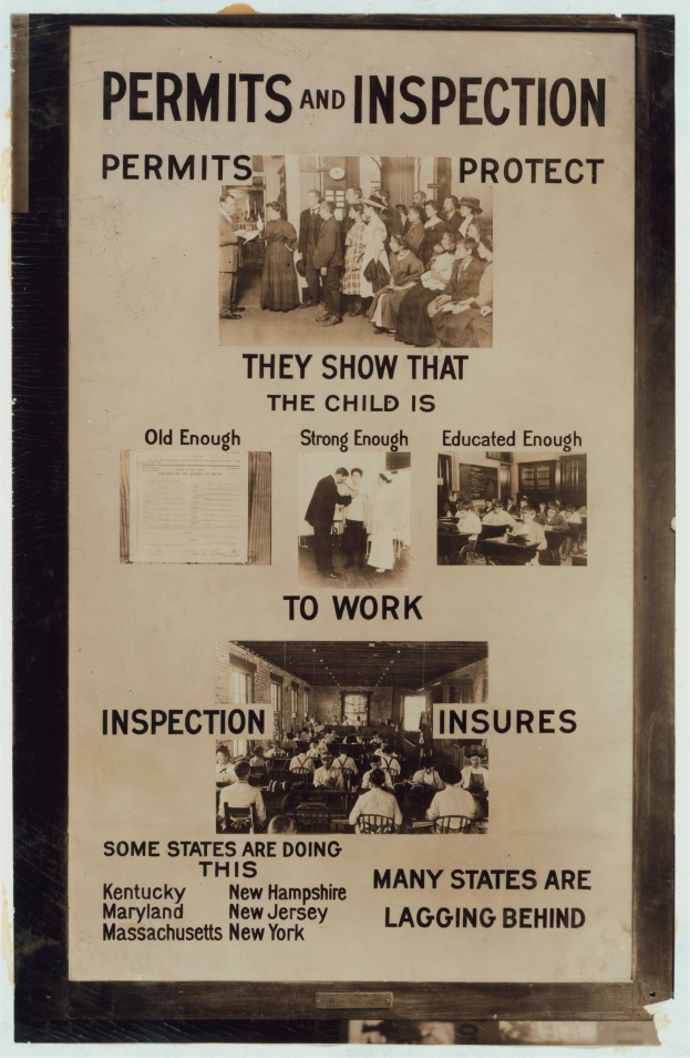 Plakat mit der Aufschrift "Genehmigungen und Inspektion" mit Bildern von verschiedenen Menschen verschiedenen Alters und Geschlechts.