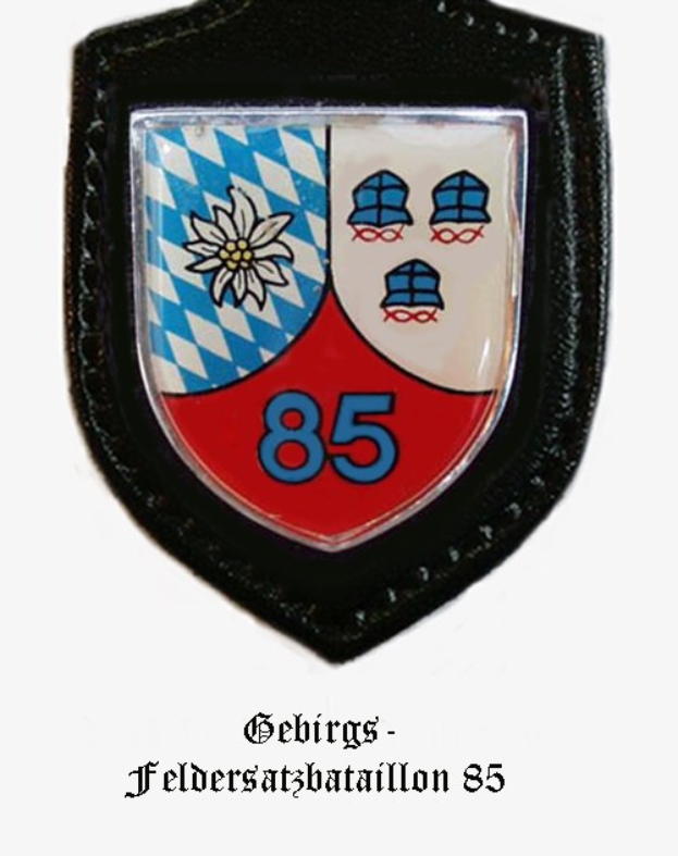 Logo des FC Bayern München mit der Zahl 85 und deutscher Text darunter.