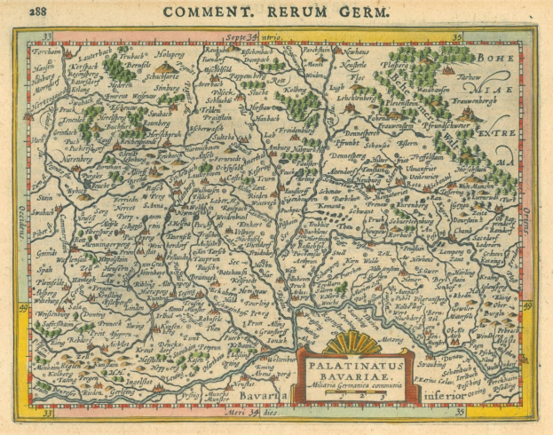 Alte Deutschlandkarte mit den Provinzen Pfalz und Bayern auf altem Papier mit handgeschriebenem Text.