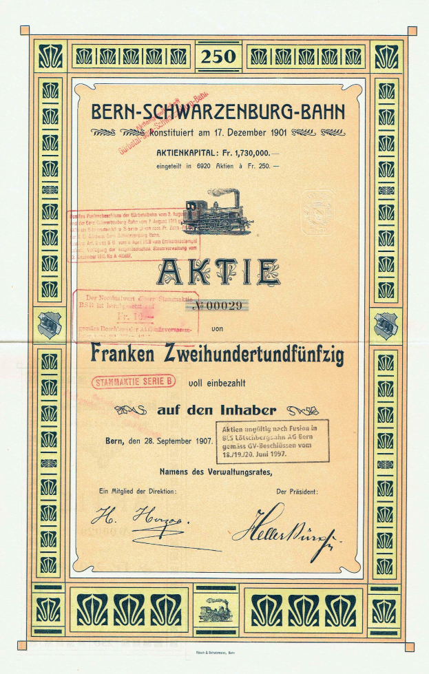 Ein altes Aktienzertifikat der deutschen Regierung für die Bern-Schwarzenburg-Bahn, das einen Text und eine Illustration eines Zuges enthält.