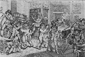 Eine Schwarz-Weiß-Zeichnung einer Gruppe von aufgewühlten Menschen in einem Raum, wobei einige Gegenstände halten, ein Plakat an der Wand und der Text "Der Tod des verlorenen Sohns" unten.