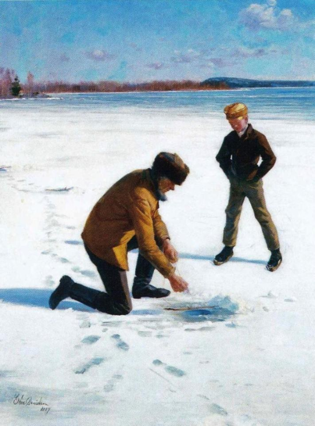 Zwei Männer, die Eis hockey auf einem zugefrorenen See umgeben von Bäumen und Hügeln unter einem bewölkten Himmel spielen, dargestellt in dem Gemälde "Eis Hockey" von John Davidson.