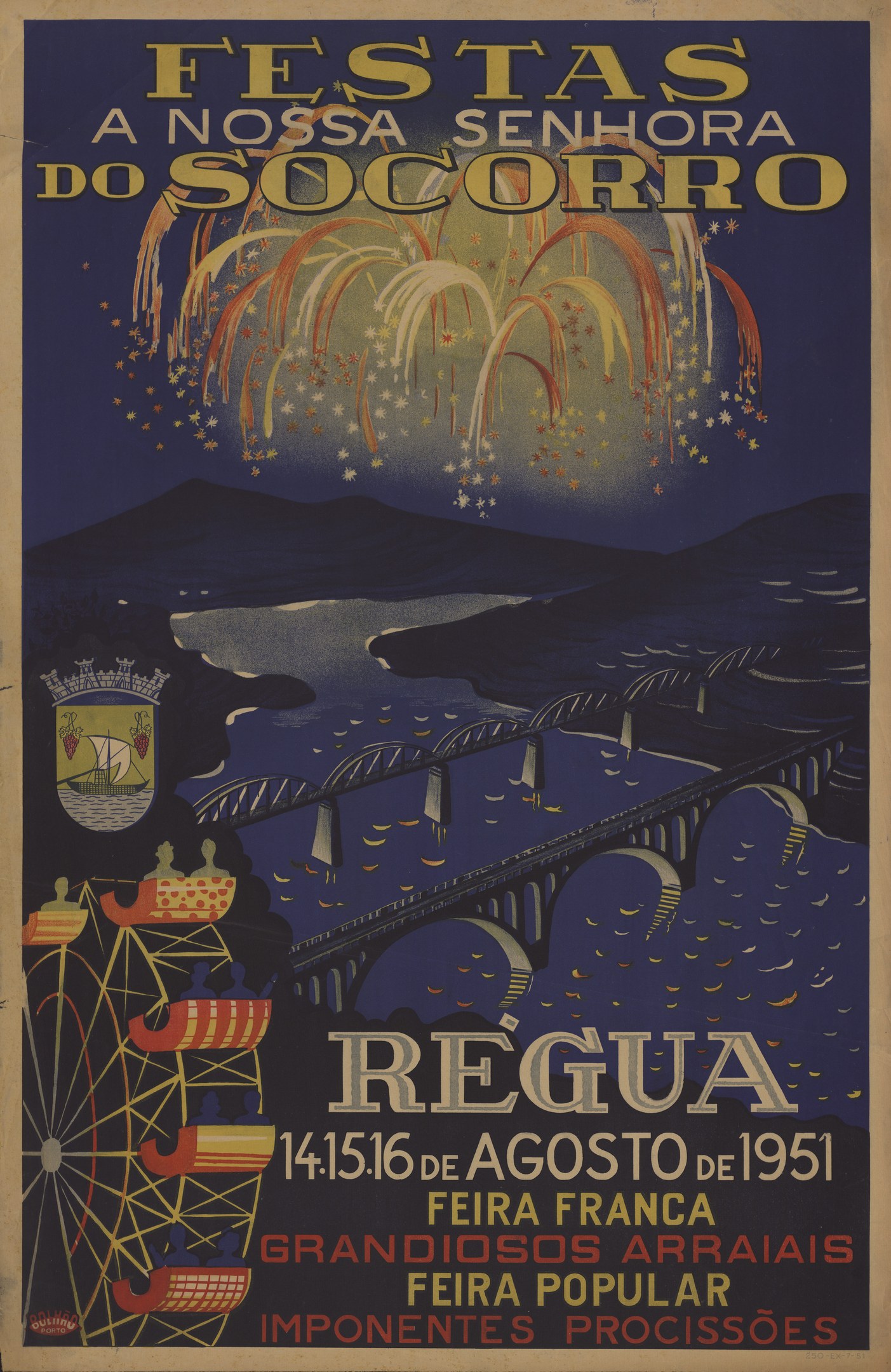 Buntes Festivalplakat in Brasilien mit Brücke, Wasser, Hügeln, Feuerwerk und Text.