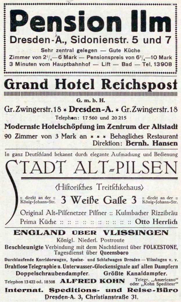 Alte Zeitungsannonce für das Pensionshaus in Dresden, Deutschland, mit schwarzem Text auf weißem Hintergrund.
