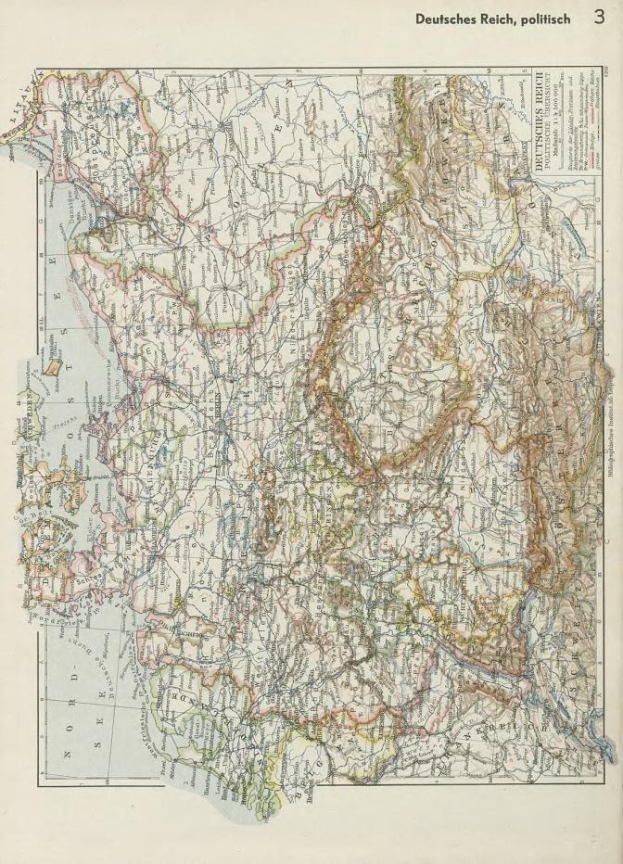Alte 19. Jahrhundert-Karte von Deutschland, die politische Teilung zeigend, auf Papier mit Text oben und unten gedruckt.