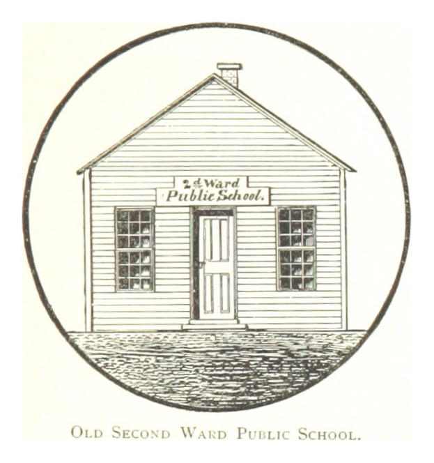 Altes zweistöckiges öffentliches Schulgebäude mit einem zentralen Haus mit einer Tür und Fenstern, das einen vintage-architektonischen Stil zeigt.