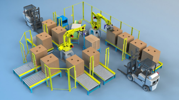 Automatisierte Roboter sortieren Kartons auf einem Förderband in einem High-Tech-Lager.