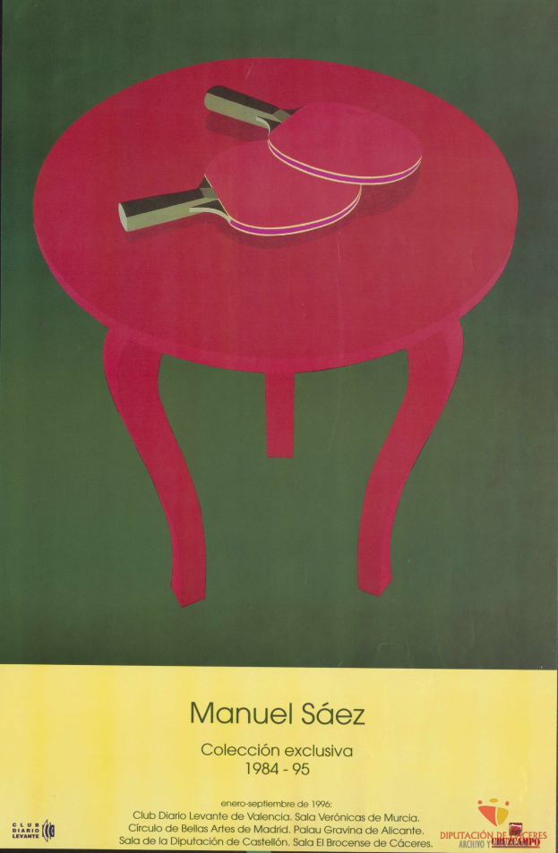 Ein Plakat mit einem Tischtennis-Tisch und zwei Schlägern sowie einem Text, der das Spiel beschreibt.