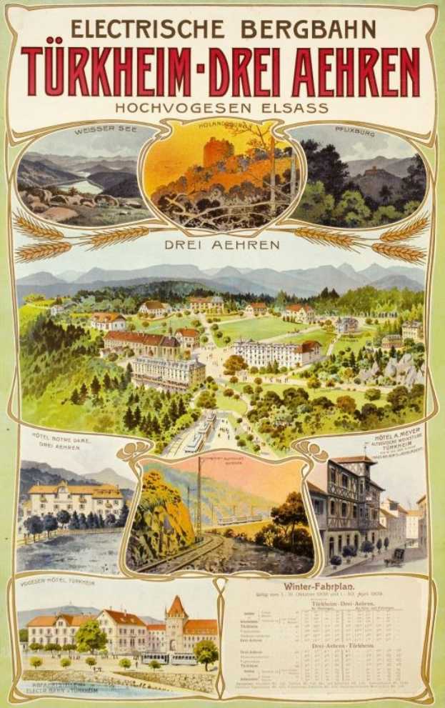 Plakat bewirbt Bergbahn, Deutschland, als elektrisches Stadt mit Bildern von Gebäuden, Bäumen, Hügeln und beschreibendem Text.