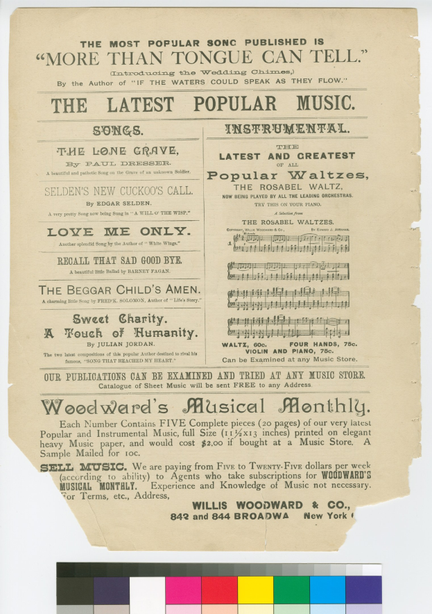Ein Blatt Papier mit dem Text "Das Beliebteste Veröffentlichte Lied ist Mehr Als Zunge Kann Erzählen" und Farbmustern unten.