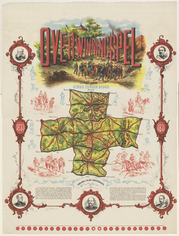 Bunte Poster-Karte von Overwiningspel, Deutschland, mit beschrifteten Sehenswürdigkeiten, lachenden Menschen, Bäumen und fettem Text.