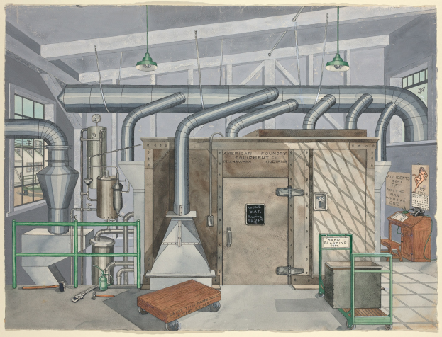Eine detaillierte Linienzeichnung eines industriellen Fabrikinneren mit einer zentralen Maschine, umgeben von Geräten, Möbeln und einer Tafel mit der Aufschrift "American Foundry Equipment Co, Indiana".