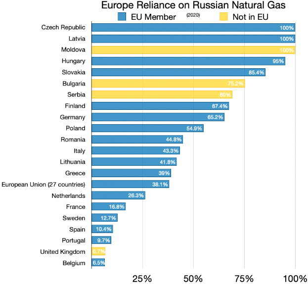 Eine Grafik, die die Abhängigkeit Europas von russischem Erdgas mit Prozentangaben und Texten über die Investitionsniveaus im Land zeigt.