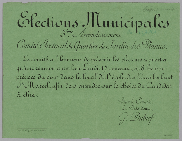 Ein grüner Zettel mit der Aufschrift "Municipales".