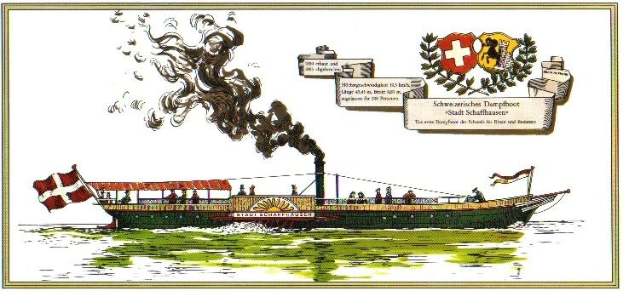 Eine Zeichnung eines geschmückten Bootes mit Rauch, das auf dem Wasser fährt und von Passagieren begleitet wird, zusammen mit einem Logo und Text, der "Schweizerische Dampfboot - Stadt Schaffhausen" auf der rechten Seite liest.