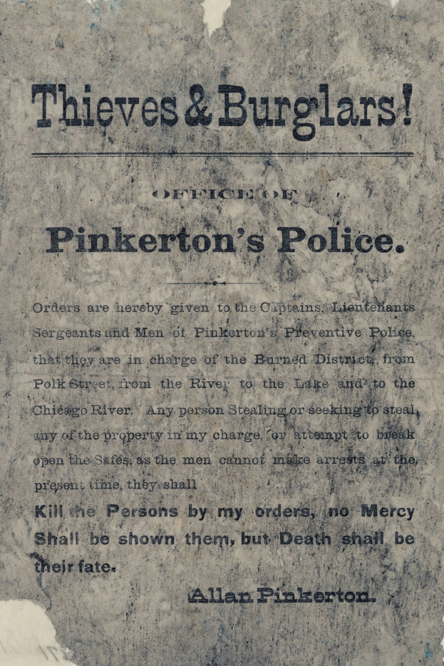 Plakat mit fetter schwarzer Schrift, die "Thieves & Burglars Pinkerton's Police" auf einem weißen Hintergrund liest