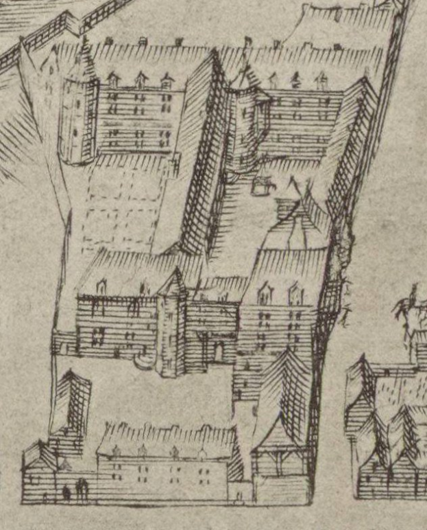 Eine handgezeichnete Stadtansicht mit mehreren Gebäuden und einem zentralen Haus auf Papier mit zusätzlichem Text.