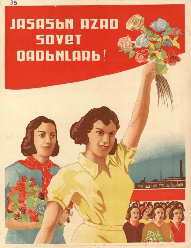 Sowjetisches Propagandaplakat zum Internationalen Frauentag, das eine Frau mit einem Blumenstrauß in der Hand zeigt, umgeben von einer Menge und einem Gebäude im Hintergrund, mit der Aufschrift "Frauentag."