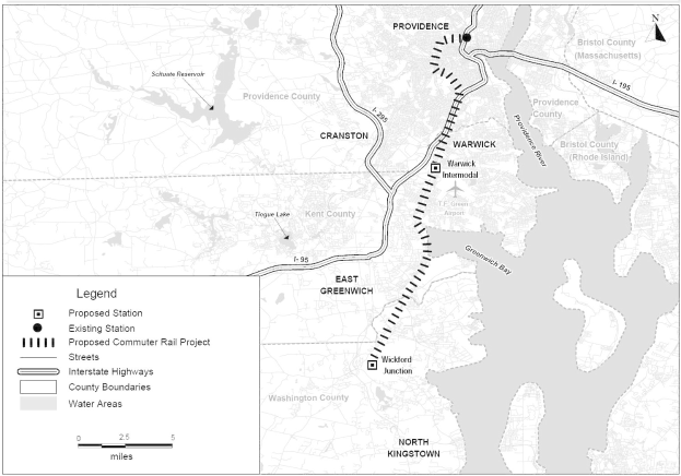 Eine schwarz-weiße Karte einer Stadt mit einem Fluss, beschriftet mit "Vorgeschlagenes S-Bahn-Projekt" auf der linken Seite, das Straßen, Highways und andere Stadtmerkmale zeigt.