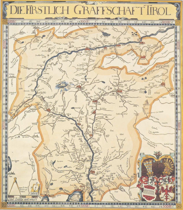 Ein detailliertes historisches Plakat der ersten Grafschaft Tirol-Karte, das geografische Merkmale wie Flüsse, Berge und Städte sowie erklärenden Text über die Region und ihre Bewohner zeigt.