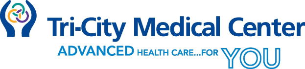 Blauer Kreis mit weißem Kreuz-Logo des Tri-City Medical Center, darunter in fetter schwarzer Schrift den Text "Advanced Health Care for You".