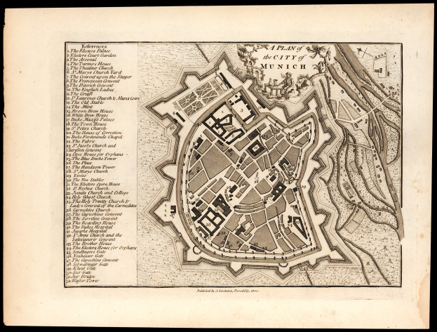 Ein alter Stadtplan von München, Deutschland, mit detaillierten Straßen, Gebäuden und Sehenswürdigkeiten auf einem schwarzen Hintergrund, einschließlich Text mit Straßennamen und Informationen zu Sehenswürdigkeiten.