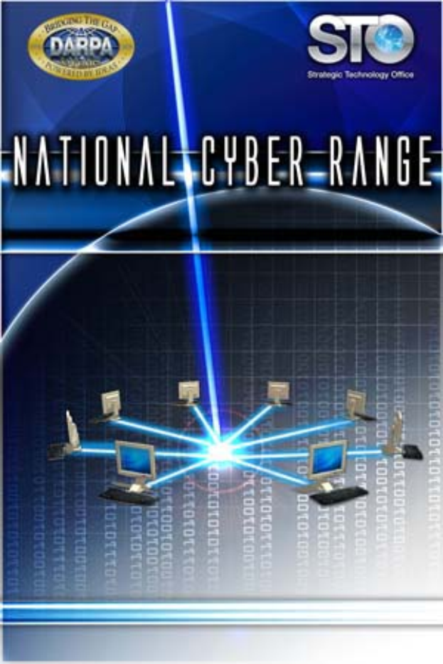 Ein Plakat mit 'National Cyber Range' in fetter weißer Schrift auf einem blauen Hintergrund, das eine Weltkugel mit verbundenen Computern zeigt.