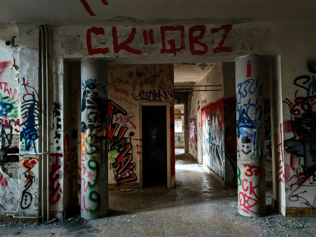 Verlassenes Gebäude mit Graffiti-bedeckten Wänden, sichtbarer Boden und freiliegende Rohre, die auf städtischen Verfall hinweisen.