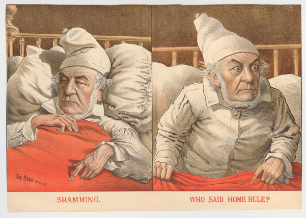 Alter Mann im Bett liegend, zugedeckt mit einer roten Decke, umgeben von Kissen und einem Bettlaken, mit Text unten lesend "Wer sagte Heimregel?"