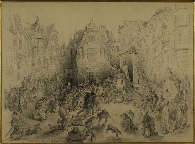 Ein gerahmtes Bild einer belebten Stadtstraße mit Menschen, die stehen und sitzen und in einer lebendigen Szene dargestellt sind.