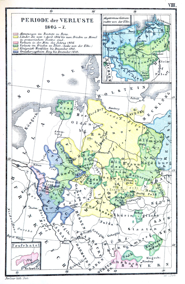 Eine bunte Karte Deutschlands während der Verluste-Periode, mit Regionen in verschiedenen Farben und mit geografischen Namen beschriftet.