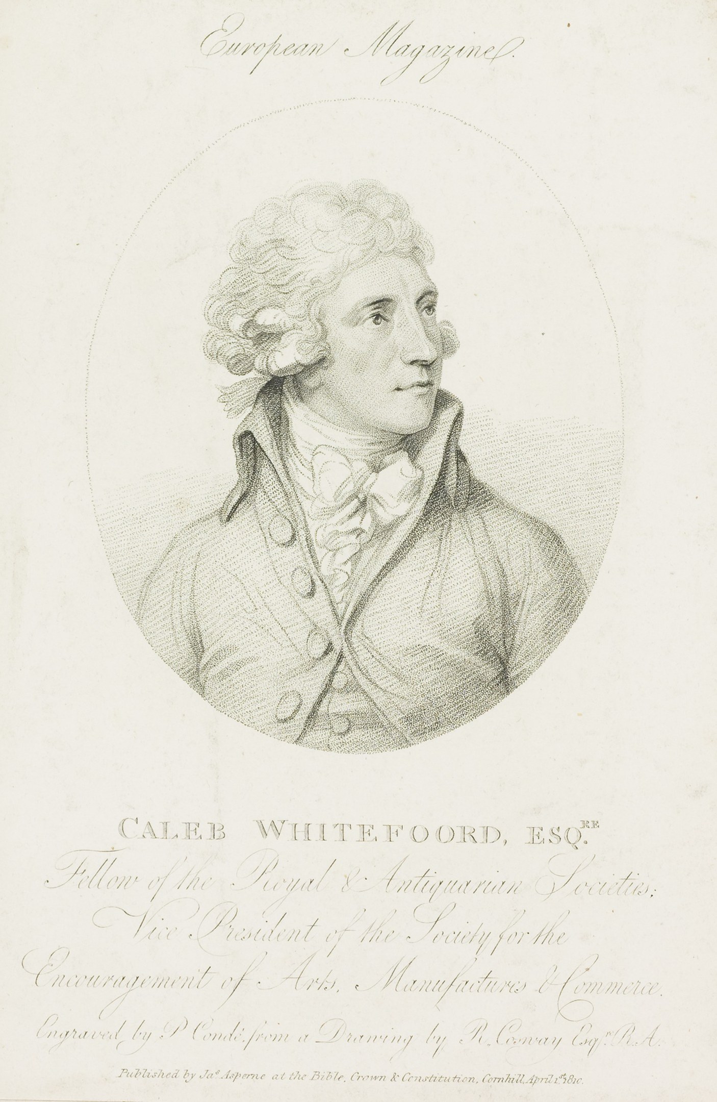 Porträt von Caleb Whiteford, Esq., Präsident der Society for the Encouragement of Arts, Manufacturers and Commerce, der einen Anzug trägt und ernst schaut, während er ein Papier hält.
