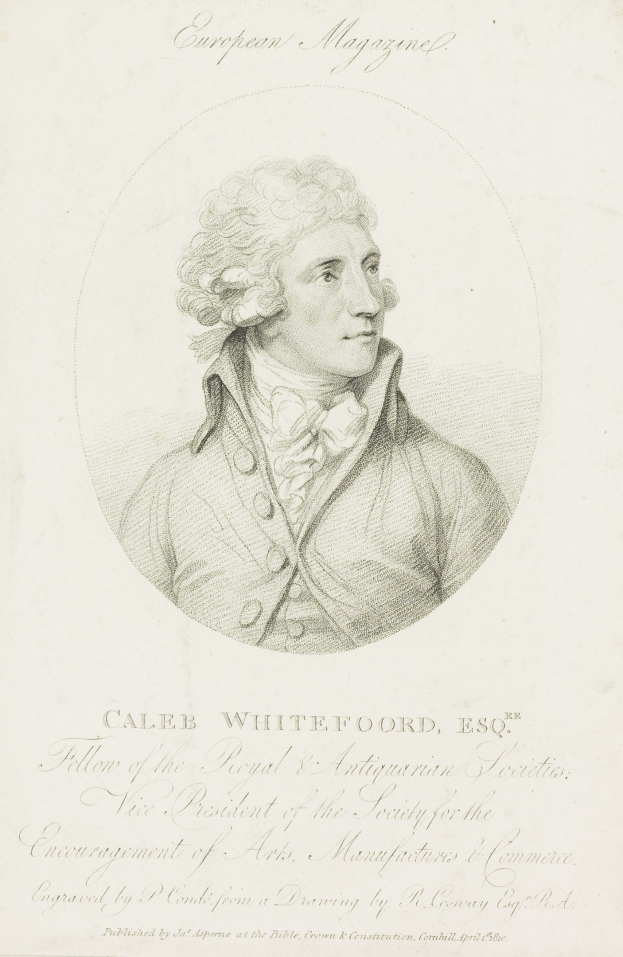 Porträt von Caleb Whiteford, Esq., Präsident der Society for the Encouragement of Arts, Manufacturers and Commerce, der einen Anzug trägt und ernst schaut, während er ein Papier hält.
