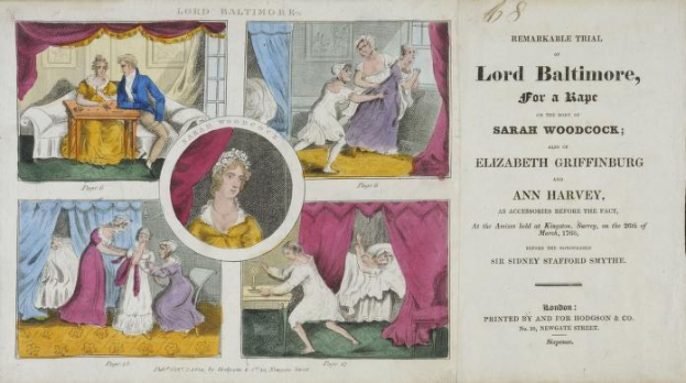 Ein historisches Dokument, das den Prozess gegen Lord Baltimore wegen der Vergewaltigung von Sarah Woodcock und Elizabeth Griffinburg zeigt, mit Abbildungen von Menschen, Vorhängen und Text.