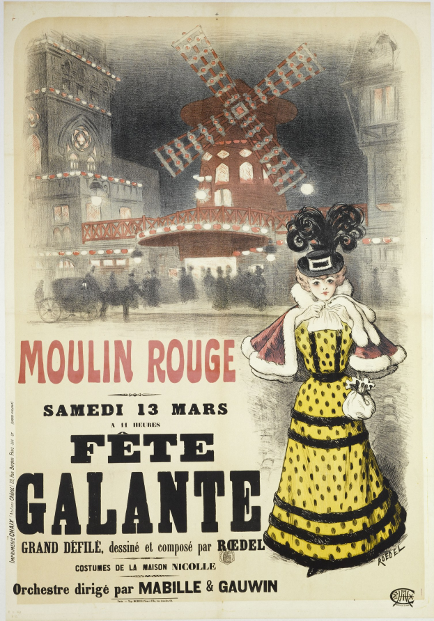 Plakat, das ein Moulin Rouge Fête Galante ankündigt, zeigt eine Frau in einem gelben Kleid vor einem Gebäude mit einer Windmühle im Hintergrund, mit Text, der das Ereignis beschreibt.