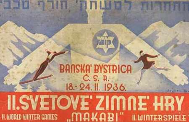 Plakat für die Olympischen Winterspiele 1936 in Garmisch-Partenkirchen mit zwei Skifahrern im Vordergrund und Bergen im Hintergrund sowie Text mit Veranstaltungseinzelheiten.