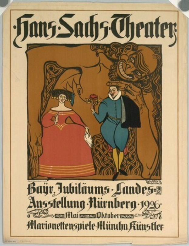 Plakat für das Hans-Sachs-Theater in München, Deutschland, das einen Mann in einem Anzug und eine Frau in einem Kleid zeigt, die nebeneinander vor einem tiefblauen Hintergrund mit Sternen stehen.