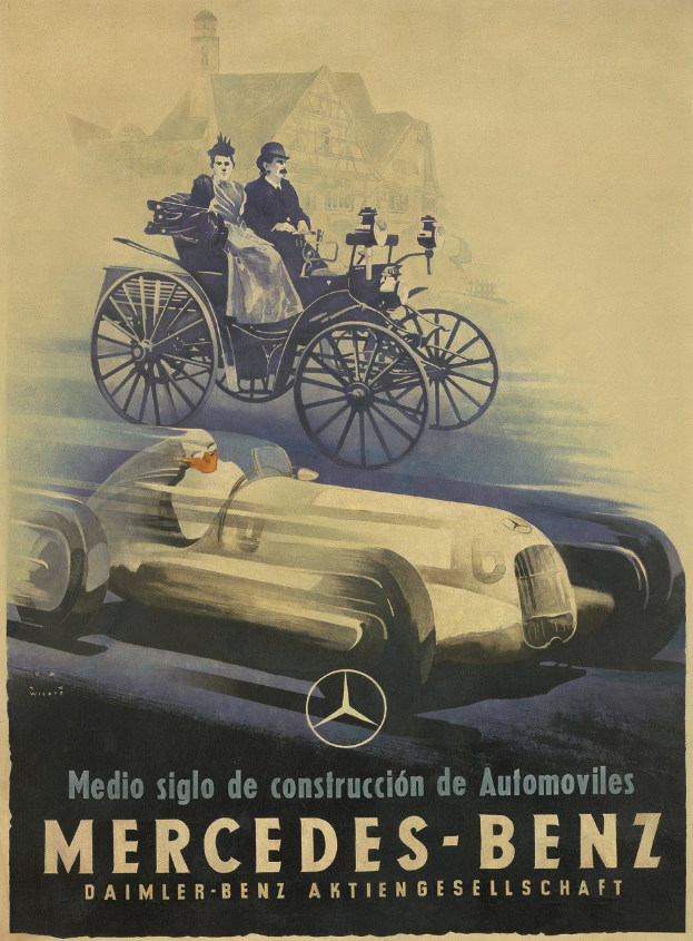 Vintage-Werbung für Mercedes-Benz aus den 1930er Jahren, die ein Plakat mit einem Auto, zwei sitzenden Personen und einem Geb├Ąude im Hintergrund zeigt, begleitet von beschreibendem Text.