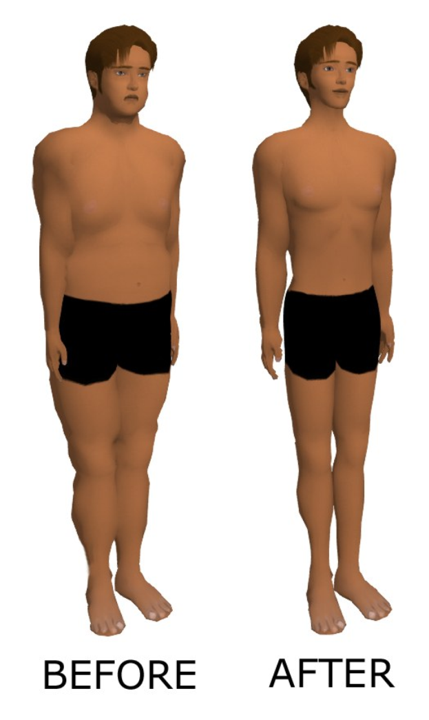 Animierter Mann in schwarzen Shorts zweimal gezeigt, vor und nach Gewichtsverlust, auf einem weißen Hintergrund mit Textüberlagerung.