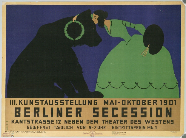 Plakat der Berliner Secession mit einer Frau in einem grünen Kleid und einem Mann in einem schwarzen Anzug mit Textbeschreibung des Ereignisses.
