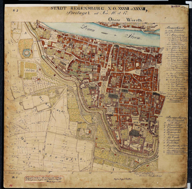 Alte gerahmte Stadtplan von Regensburg, Deutschland, zeigt detaillierte Straßen, Gebäude und Merkmale des Gebiets.
