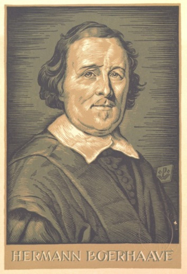 Portrait von Hermann Boerhaave, einem deutschen Philosophen, mit Text am unteren Bildrand.
