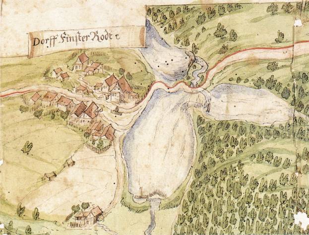 Alte Karte einer Kleinstadt mit einem Fluss, Häusern, Bäumen, Gras und Text auf altem Papier.