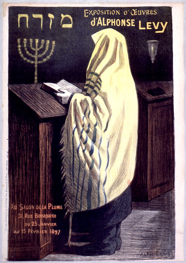 Ein Plakat, das eine jüdische Ausstellung in Paris ankündigt, mit einer Person vor einem Tisch mit einem Buch und einer Menora sowie Ausstellungdetails.