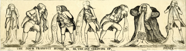 Eine Zeichnung einer Gruppe von beunruhigten Menschen, die zusammenstehen, mit dem Text "Die trübe Aussicht vor uns, oder die Ins werfen hoch" darüber.